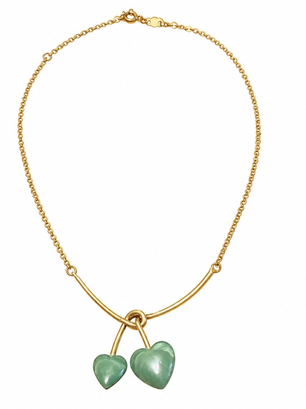 Vintage Sarah Coventry Golden Duo Hearts Necklace Green Faux Jade Gold Tone